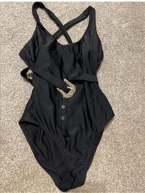 No Boundaries Black One-Piece Swimsuit with Decorative Silver Buckle